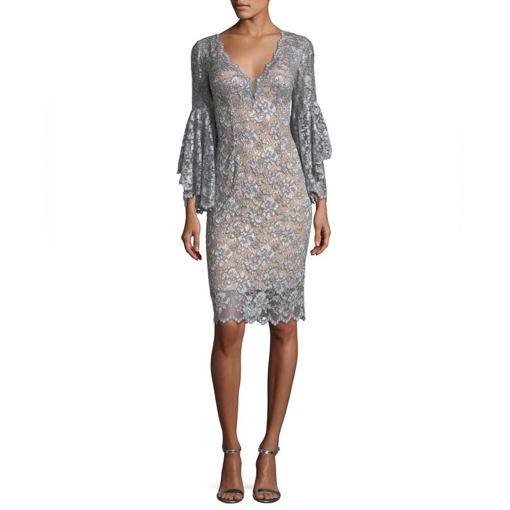 JOVANI Silver Trumpet Sleeve Dress **NWT**